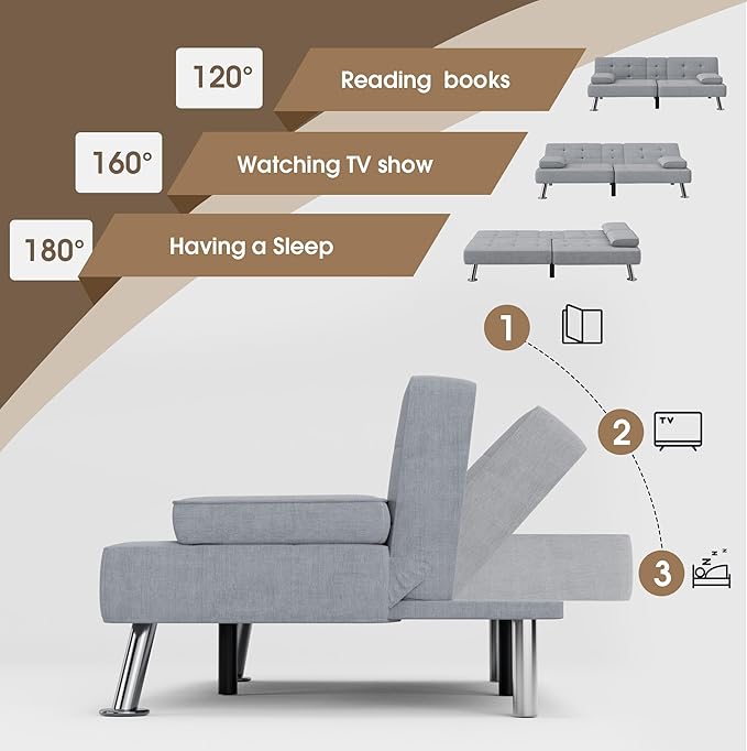 Flamaker Futon Sofa Bed Modern Folding Futon Set Linen Fabric Convertible Recliner Lounge for Living Room with 2 Cup Holders Removable Armrests (Fabric Light Grey)
