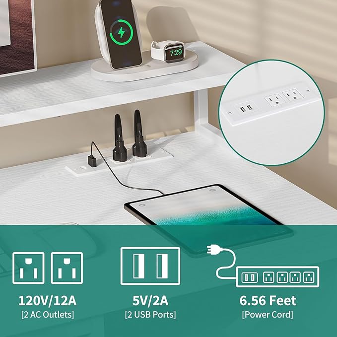 DWVO Office Desk with Drawers 47 Computer Desk with Power Outlets &amp LED Light Home Office Desk with Storage &amp Monitor Stand White