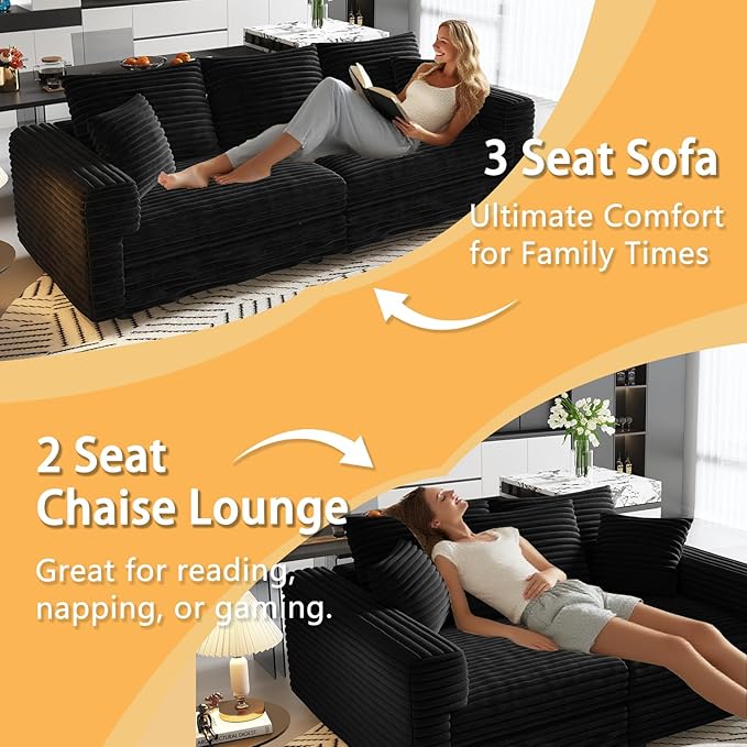 82.7 Oversized Cloud Couch Convertible 3 Deep Seat Upholstered Sofa Couch 2 in 1 Plush Corduroy Sofa with 5 Soft Pillows Modern Modular Sectional Couches for Living Room Apartment Black