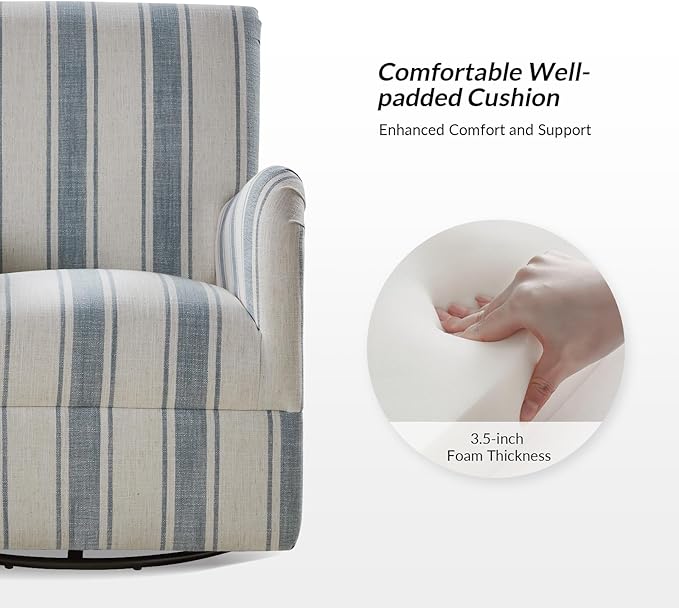 HULALA HOME Swivel Accent Chairs Set of 2 with Stripe Pattern Farmhouse Fabric Upholstered Armchairs with Metal Base 360° Swivel Traditional Sofa Chairs for Living Room Bedroom Blue