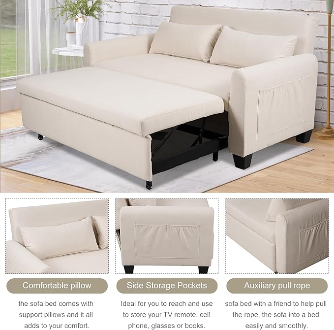 Oversized 3-in-1 Convertible Sleeper Sofa Bed Futon Couch with Pullout Bed 2-Seater Loveseat Sofa w/Pockets Adjustable Backrest and Pillows for Living Room Apartment (White)