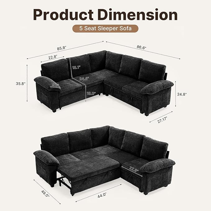 85 Modular Sectional Sofa Bed with Storage L Shaped Pull-Out Sleeper Sofa Removable Chenille Sofa Cover for Living Room (Black 5 Seat) | Modular Sectional Removable Cover Built-In Storage Hidde