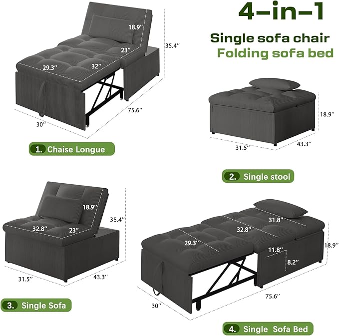 4-in-1 Convertible Sleeper Chair Bed with Adjustable Backrest Pillows Futon Sofa Bed with Side Pocket Sleeper Sofa Chair Pull Out Couches for Living Room Small Space Charcoal