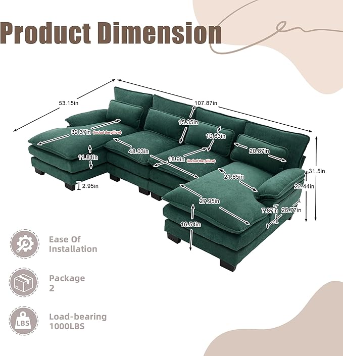 U Shape Sectional Sofa Cloud Couch 107.9 Modern Chenille Comfy Modular Sofa 4 Seat Upholstery Sleeper Sofa with Double Chaise for Living Room Emerald Green