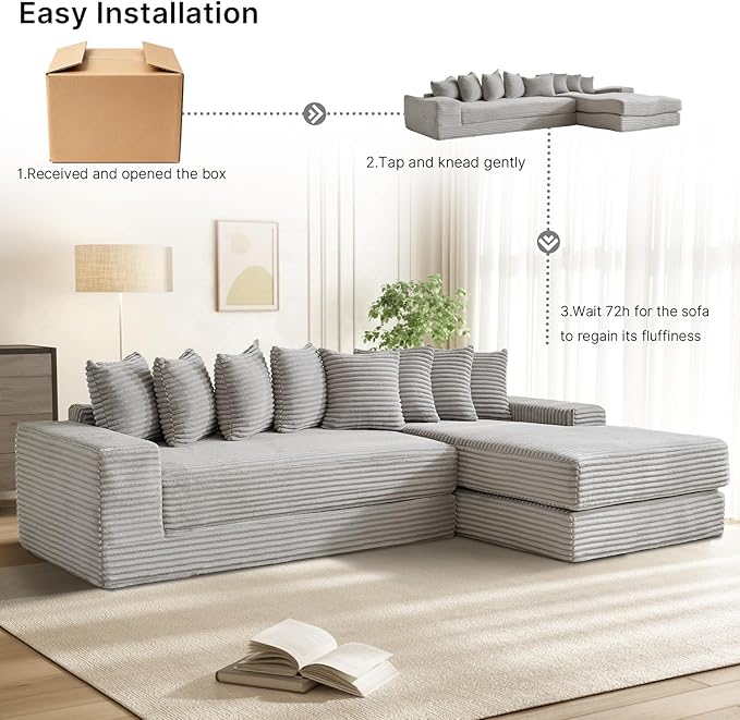 110 Boneless Couches for Living Room Cloud Modular Sectional Sofa Bed Customizable Convertible Sleeper Sofa Plush Corduory Folding Futon Floor Couch No Assembly(Light GreyRight)
