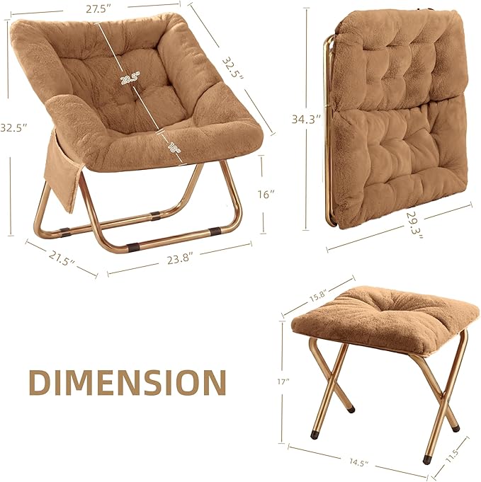 Comfy Saucer Chair Foldable Living Room Chairs Soft Faux Fur Lounge Chair for Bedroom Reading Chairs for Adults Teens X-Large (Brown)