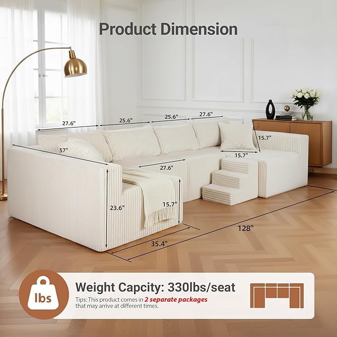 128 U-Shaped Modular Sofa Modern Cloud Couch with Double Chaise Sectional Boneless Couch with Pillows Deep Seat Sofa for Living Room Bedroom No Assembly Required Khaki