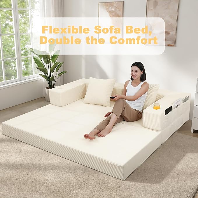 COMAX Boneless Couch Futon Sofa Bed Couches Versatile Queen for Living Room 79 4 in 1 Convertible Sleeper Corduroy Couch Foam in a Box Foldable Fold Out Floor Mattress No Assembly Required Beige