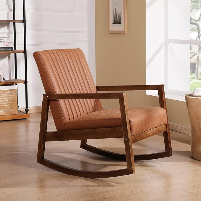 Set of 2 Mid Century Rocking Chair Nursing Chair with Wood Frames Faux Leather Upholstered Farmhouse Living Room Chair for Living Room Bedroom Burnt Orange
