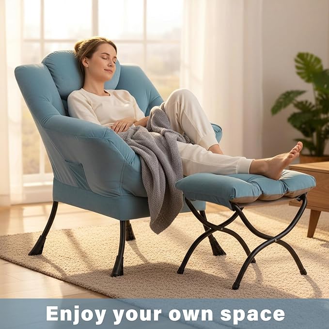 Cozy Lazy Chair and Ottoman Large Contemporary Velvet Blue Accent Chair Set Modern Leisure Upholstered Reading Armchair for Office Bedroom Living Room Dorm Rooms Balcony