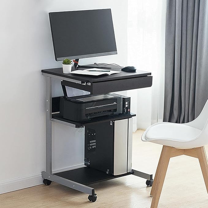 Topeakmart Mobile Computer Desk Office Desk Laptop Computer Table Study Writing Desk with Drawers and Printer Shelf on Wheels for Home Office