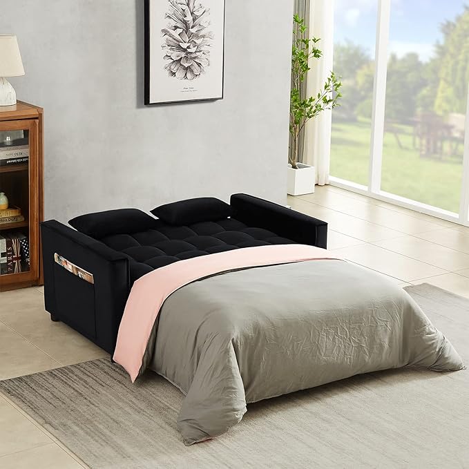 Sleeper Sofa Couch w/Pull Out Bed 55 Modern Velvet Convertible Sleeper Sofa Bed Small Love seat Sofa Bed with 2 Pillows &amp Side Pockets for Small Space Living Room Apartment Black
