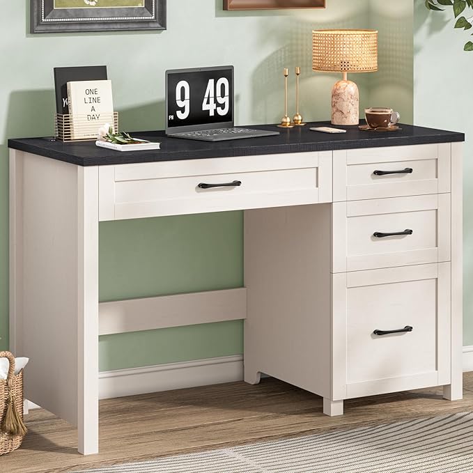 Vabches Farmhouse 47 Executive Desk with 4 Drawers Computer Desk with File Drawer and Charging Station Workstation for Home Office Study.（Black）