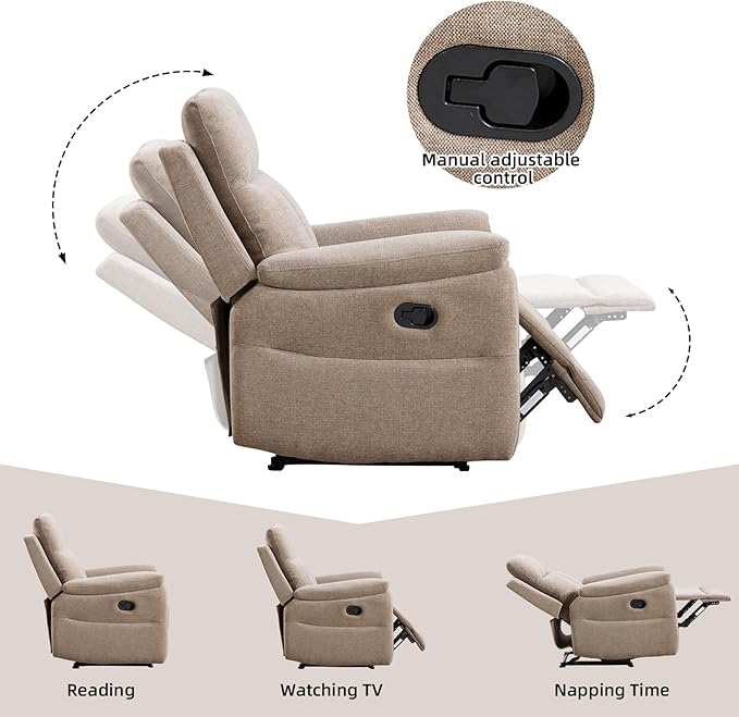 Manual Recliner Chair Soft Fabric Recliner Chair for Adults with Overstuffed Arms and Back Single Sofa for Living Room (Camel)