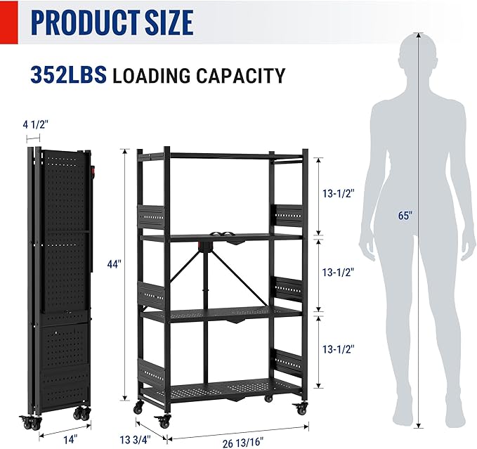WORKPRO 4-Tier Folding Shelf No-Assembly Metal Storage Rack with Wheels 600 lbs Capacity (with Leveling Feet) Collapsible Shelving Unit for Kitchen Pantry Bathroom &amp Closet Organization