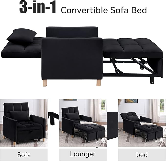 Sleeper Sofa Bed 3-in-1 Convertible Chair Bed Multi-Functional Sleeper Chair Soft Velvet Fabric for Living Room Apartment Office (Black-Velvet)