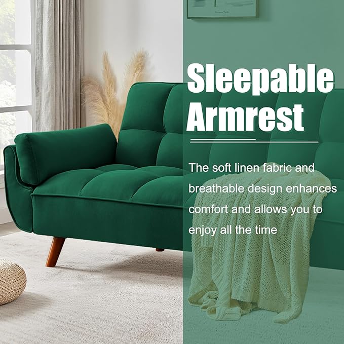 Convertible Futon Couch Bed Sleeper Sofa Bed with Adjustable Backrests Linen Loveseat Sofa 3 Seater Comfy Couch for Small Spaces Living Room Bedroom(Green 75)