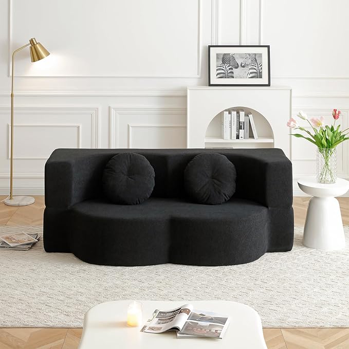 Convertible Folding Sofa Bed 75.5 Boneless Cloud Couch Loveseat Floor &amp Futon Lounge Sleeper Couches Lychee Velvet for Living Room Office Small Spaces No Assembly Required Black
