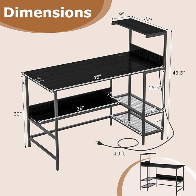 Giantex 48 Computer Desk with Charging Station Reversible Writing Desk with Storage Shelves &amp Headphone Hook Small Gaming Desk Industrial Computer Workstation for Home Office (Black)