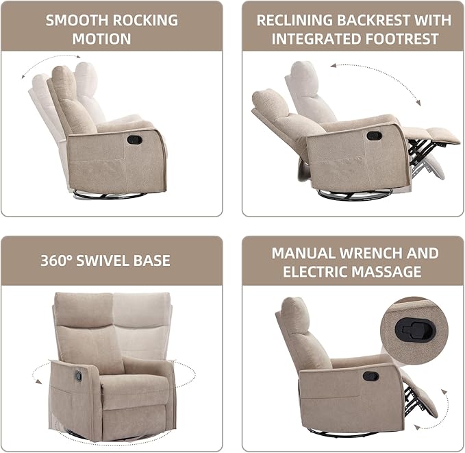 PELUMY 360 Swivel Rocking Recliner Chair for Adults Nursery Rocking Chair with Heat and Massage Glider Reclining Chair for Small Space Living Room Bedroom (Khaki)