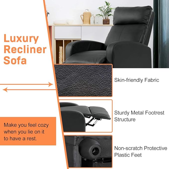 Home Recliner Chair Massage Single Sofa Wingback Recliner Sofa Reading Chair Modern Reclining Chair Home Theater Seating Modern Reclining Easy Lounge with Padded Seat Backrest Black