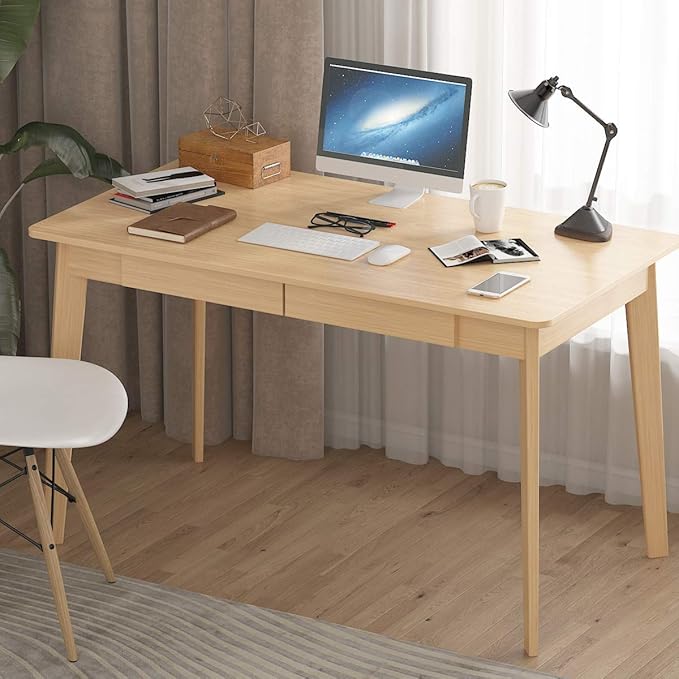 ECACAD Computer Desk with 2 Drawers 47” Home Office Desk Writing Study Working Table for Bedroom Light Brown
