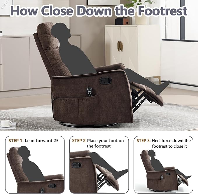Massage Chair Recliner with Heat Swivel Rocking Chair Recliner with High Back Manual Nursery Recliners for AdultsSmall Recliner Chair for Small Spaces Living Room Bedroom Fabric (Dark Brown)