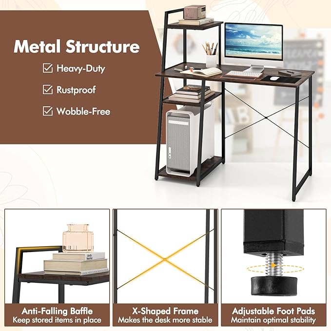 POWERSTONE 40 Computer Desk with 4-Tier Storage Shelves Home Office Corner Desk Writing Study Workstation Table for Small Space Brown