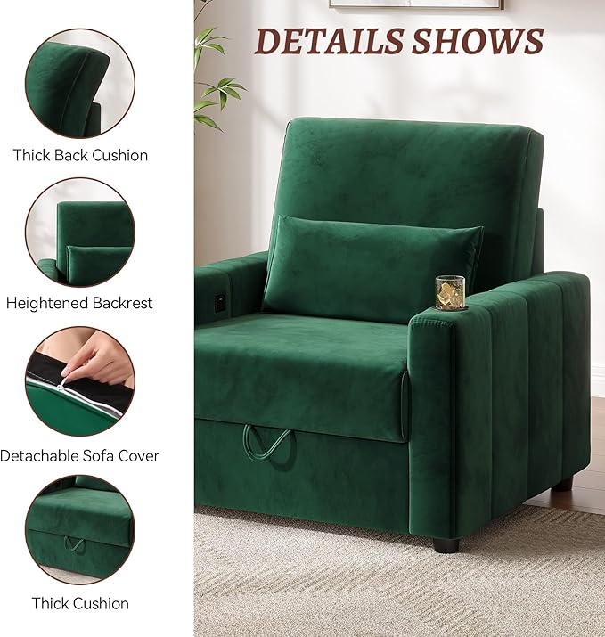 39 Inch Accent Chair Velvet Fabric Comfy Oversized Single Sofa Armchair with Storage USB Cup Holders Easy Installation Modern Chairs for Living Room Game Room