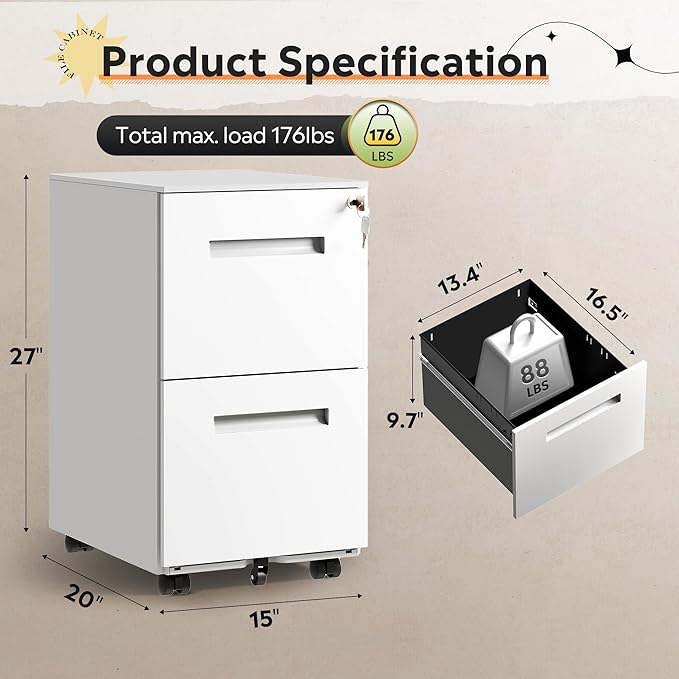 DEVAISE 2-Drawer Metal File Cabinet with Lock Mobile Filing Cabinet Under Desk for Home Office Fully Assembled Printer Stand fits F4/A4/Letter/Legal Size White 20 D x 15 W x 27 H