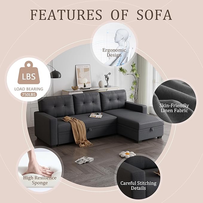 82 L-Shape Convertible Sleeper Sectional Sofa with Storage Chaise and Pull-Out BedUpholstered Reversible Corner 3 Seater Couch with Button Tufted Backrest &amp Armrestfor Living RoomDark Gray