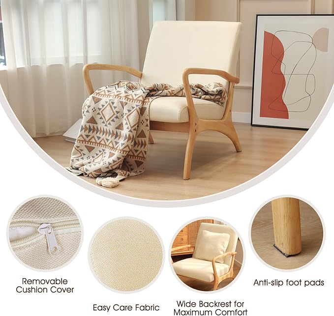 ELUCHANG Accent Chair with Lumbar PillowMid-Century Modern Armchair Linen Fabric Comfy Reading Lounge Side Chair for Living Room Bedroom ApartmentEasy Assembly(Beige)
