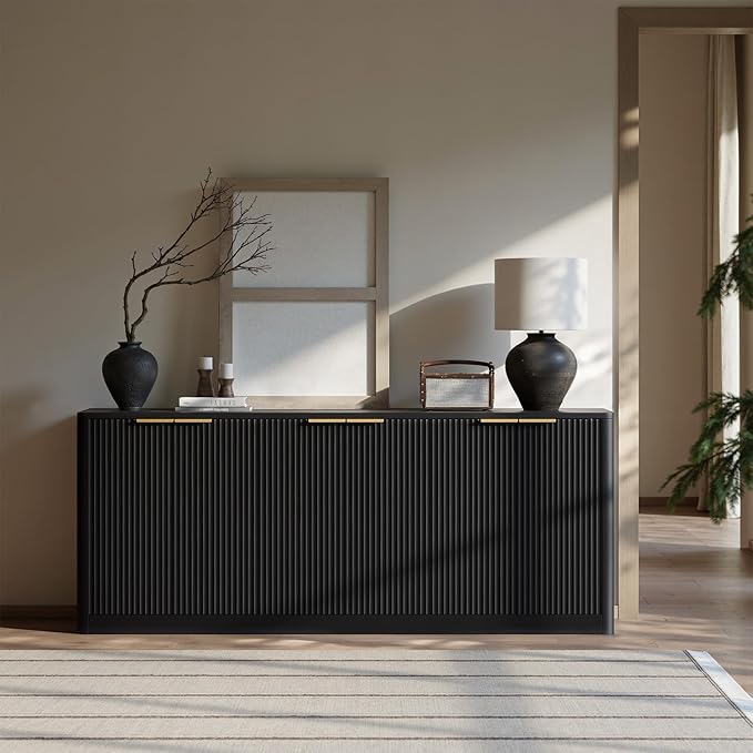 Evermagin 67 Black Fluted TV Stand for TVs up tp 75 Mid-Century Modern Entertainment Center with Storage Cabinets and Fluted Doors Wood Media TV Consoles for Living Room and Bedroom Furniture