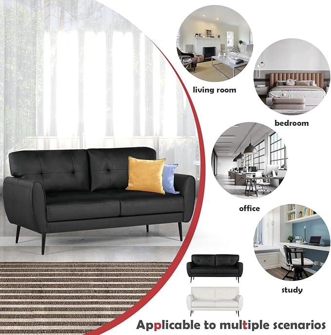 60 Loveseat Sofa for Living Room Mid Century Mini Black Couch Tufted Leather Love Seat Furniture Comfy Office 2 Seat Small Couches for Small Spaces Bedroom Apartment