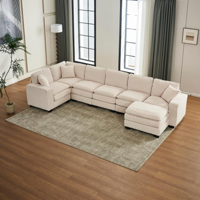 Modern U Shaped 6-seat Sectional Sofa Couch with one Ottoman and Three toss PillowsModular Sofa for Living RoomCorduroy Sofa (WhiteCorduroy-7 Seat)
