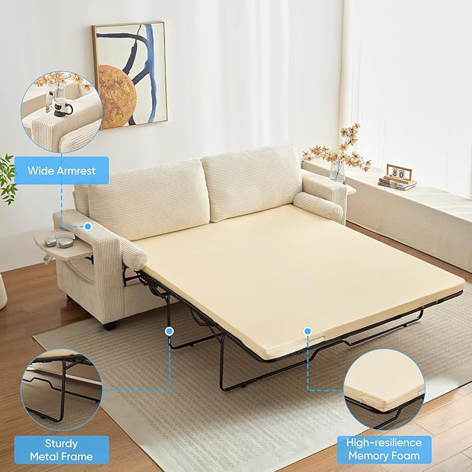 Mjkone 82 Width Queen Size Pull Out Sofa Bed Sleeper Couch with Pull Out Beds 2-in-1 Convertible Corduroy Loveseat Sleeper Sofa Couch Bed with Folding Mattress for Living Room Home Apartment Beige
