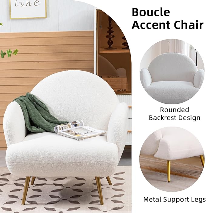 Accent Chair White with Golden Metal LegsReading Chair for Bedroom Comfy Boucle Sherpa Chair for Living Room Bedroom