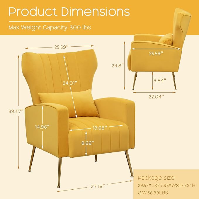 Modern Accent Chairs Set of 2 Comfy Wingback Armchair with Pillow Upholstered Sofa Chair Reading Chair for Bedroom Living Room Small Spaces Yellow Velvet