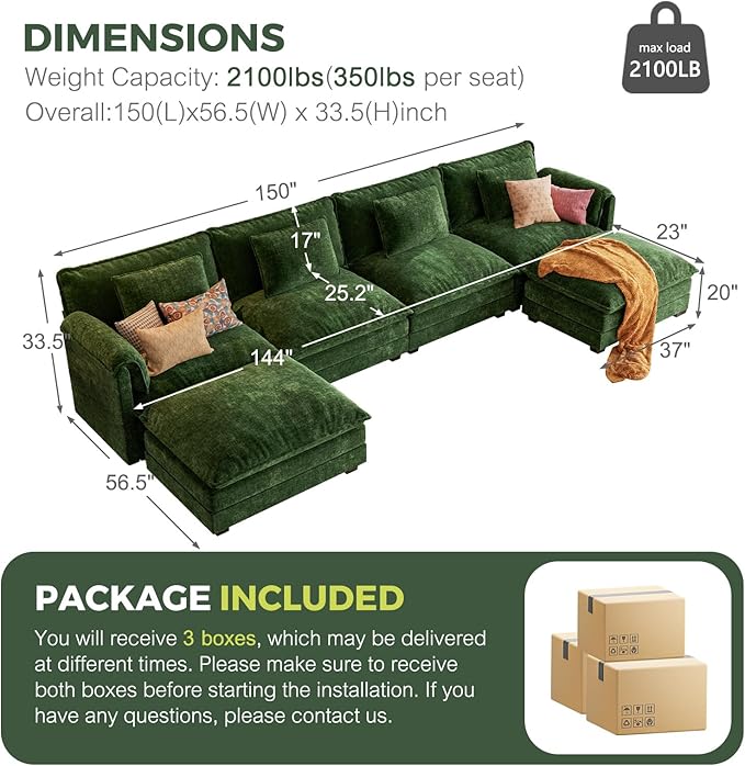 ELUCHANG 150 Oversized Modular Sectional Sofa Comfy U Shaped Cloud Couch with Removable Cover 6-Seat Deep Seat Modern Sofa Couches for Living Room Bedroom and Apartment Chenille Green