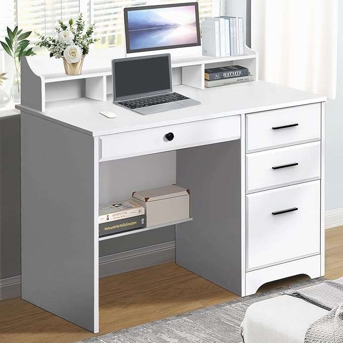 Catrimown Computer Desk with 4 Drawers and Hutch Home Office White Writing Desk with File Drawer and Shelves for Small Spaces Small Desk Study Table for Bedroom