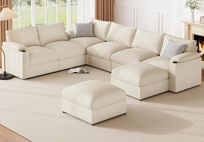 Sectional Couches for Living Room FSC Certified Velvet Modular Couch Oversized Cloud U Shaped Convertible Sleeper Sofa Chaise Detachable Armrest Cushio (Chenille Beige U Shape 8 Seat)