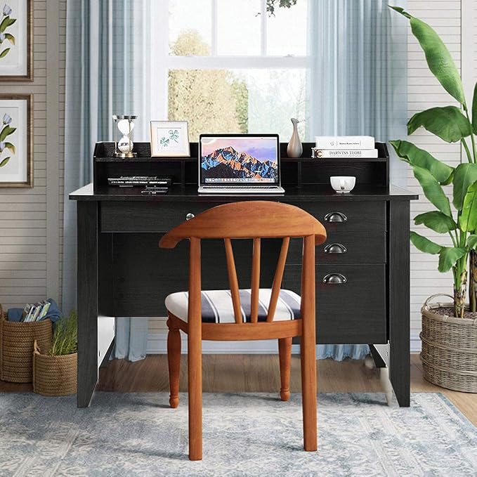 GRAFFY Wooden Computer Desk 4 Storage Drawers &amp Bookshelf Executive Study Desk Table Writing Study Desk Home Office Vintage Desk (Black)