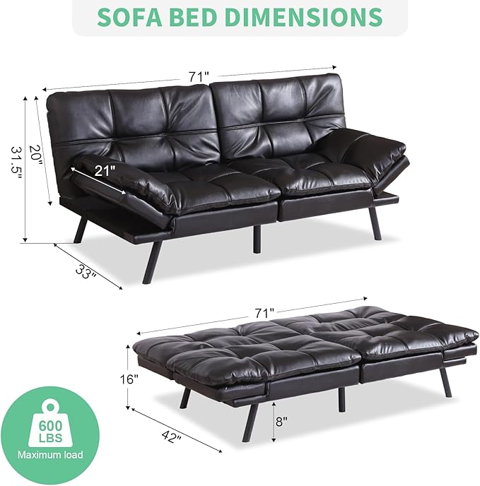 MUUEGM Futon Couch with 71 Adjustable High Density Memory Foam Futon Sofa Bed Modern Design Sofa Bed for Living Room Sleeping and Relaxing(Leather Black)