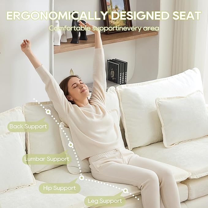 113 Chenille Modular Sectional Sofa Convertible L Shaped Modular Sofa Comfy Cloud Couch with Ottoman Side Pockets and 5 Throw Pillows for Living Room (Beige 113'' - 4 Seat)