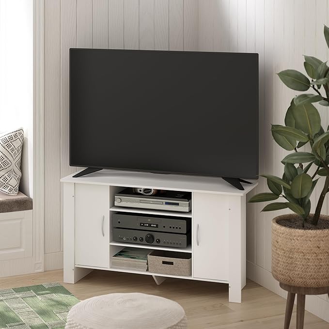 Furinno ECON TV Stand 4-Tier Entertainment Center with Adjustable Shelf Open Back TV Console with Door Storage for TV up to 46 Inch for Living Room Bedroom White