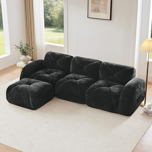 Black L-Shaped Sectional Couches for Living Room Velvet Fabric Boneless Couch No Assembly Cloud Modular Sectional Sofa with 1 Ottoman Foam Couch Compressed Sofa Set for Apartment Sofas para Sala