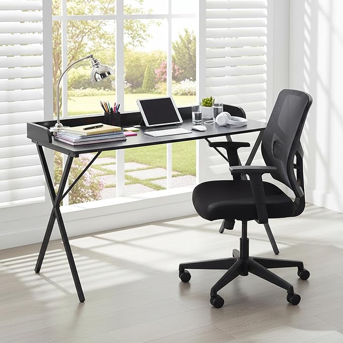 FurnitureR Home Office Writing Desk with Baffle 47.2 Computer Study Desk with X-Shaped Metal Legs Modern Laptop PC Table for Small Spaces Black