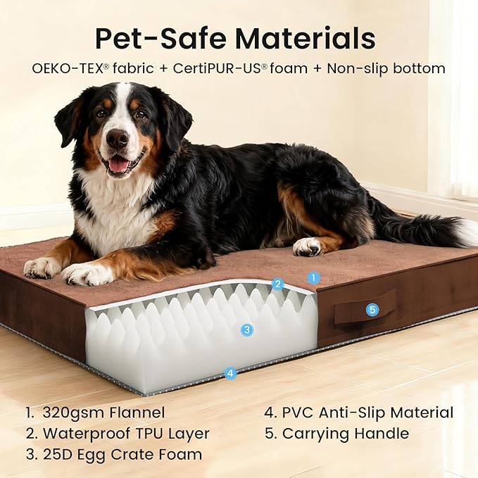 OhGeni Orthopedic Waterproof Dog Bed for Extra Large Dogs Machine-Washable Removable Cover in Easy-Clean Fabric High Density Foam &amp Easy-Carry Handle Suitable for Crate 47 inch (Brown)