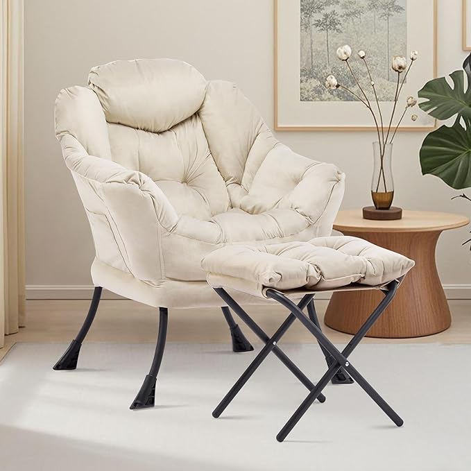 Lazy Chair with Ottoman Comfy Accent Lounge Chair with Side Pocket Modern Reading Armchair with Footrest Upholstered Sofa Chair for Small Spaces Bedroom Living Room Dorm Beige