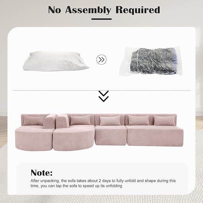 144 Sectional Couches for Living Room Comfy U-Shaped Cloud Couch with Chaise Lounge Modern Deep Seat Boneless Sofa No Assembly Required (Boucle Pink)